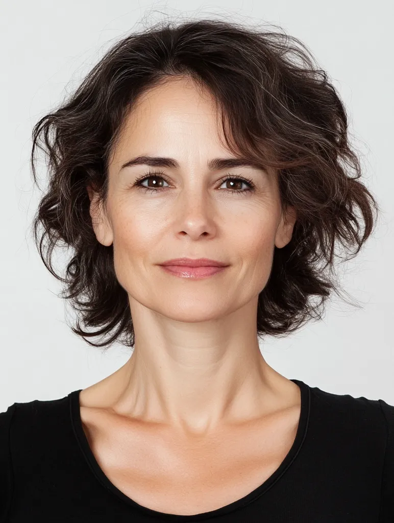 Close-up headshot of a woman with shoulder-length, wavy brown hair.  She has fair skin, dark brown eyes, and a neutral expression.  Her hair is styled naturally, with some strands falling around her face. She's wearing a simple, black scoop-neck top. The background is a plain, light gray. The image is well-lit and appears to be a professional portrait.