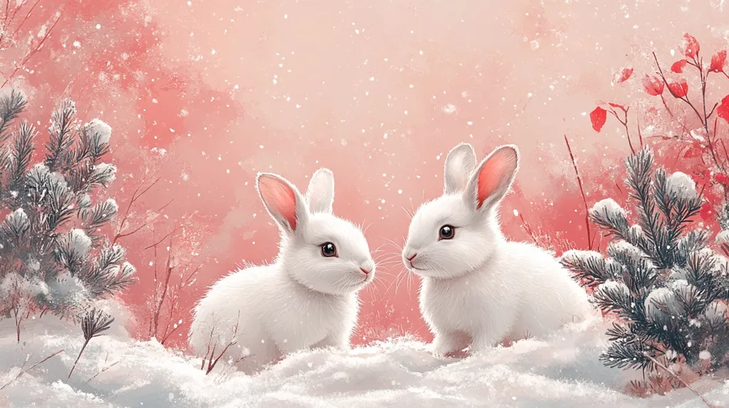 Here's a description of the image:

The illustration depicts two adorable white rabbits nestled in a snowy landscape.  They face each other, seemingly in a tender moment, against a soft, rosy-pink backdrop dusted with falling snow.  The rabbits are fluffy and detailed, with pink inner ears.  Snowy evergreens frame the scene, adding to the winter wonderland feel.  Delicate, red-berried branches are visible to the right, contrasting the pink sky and the white snow. The overall style is soft, whimsical, and evokes a sense of peace and quiet.