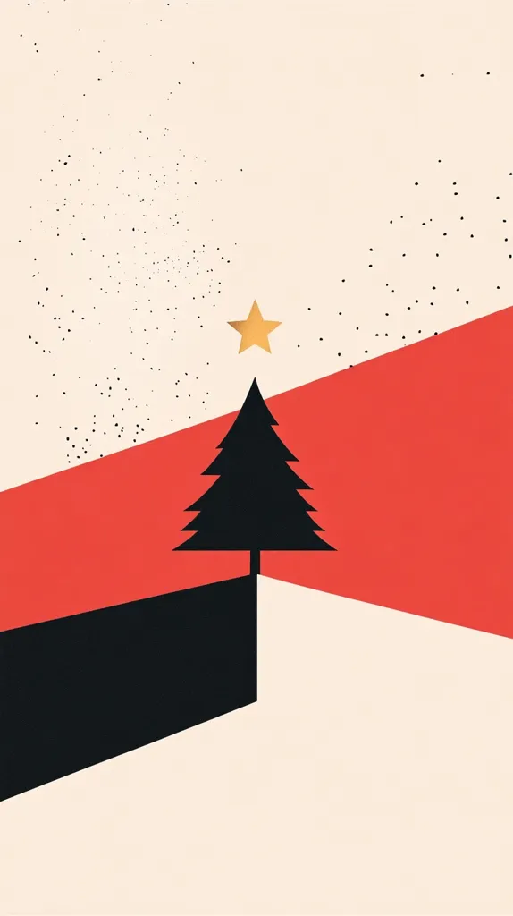 The image is a minimalist Christmas design.  A black silhouette of a Christmas tree stands centrally, topped with a gold star.  It's positioned against a backdrop of muted beige, intersected by bold diagonal shapes in red and black.  Sparse black speckles suggest falling snow or a starry night sky, adding a subtle textural element to the otherwise clean, geometric composition. The overall effect is modern and stylized, conveying a festive mood with simplicity and elegance.