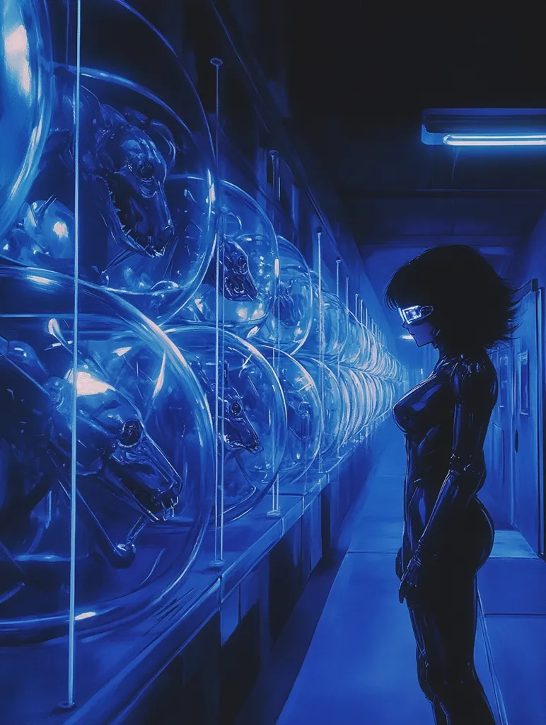 A futuristic, cyberpunk-style image depicts a woman in a dark, sleek bodysuit standing before a long row of transparent, spherical containers.  Each sphere holds a preserved, bioluminescent canine head, glowing with an eerie blue light. The hallway is dimly lit, accentuating the vibrant blue hues and creating a cold, sterile atmosphere. The woman's profile and the arrangement of the spheres suggest a sense of mystery and unease, hinting at a possibly dystopian or scientific setting.