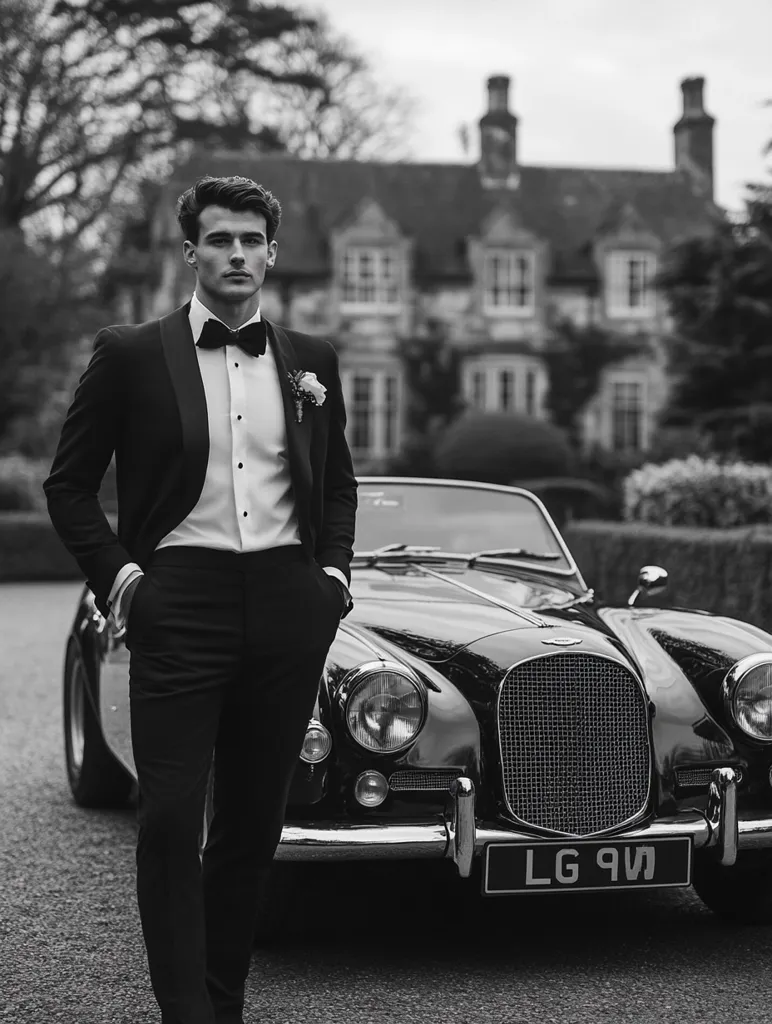 Here's a description of the image:

A sharply dressed man in a tuxedo stands confidently beside a classic vintage car. The monochromatic photograph emphasizes the elegant style, with the man's attire, the car's sleek lines, and a grand, slightly blurred house in the background creating a sophisticated ambiance. The scene suggests a sense of occasion, possibly a formal event or photoshoot. The overall aesthetic is one of timeless elegance and refined masculinity.