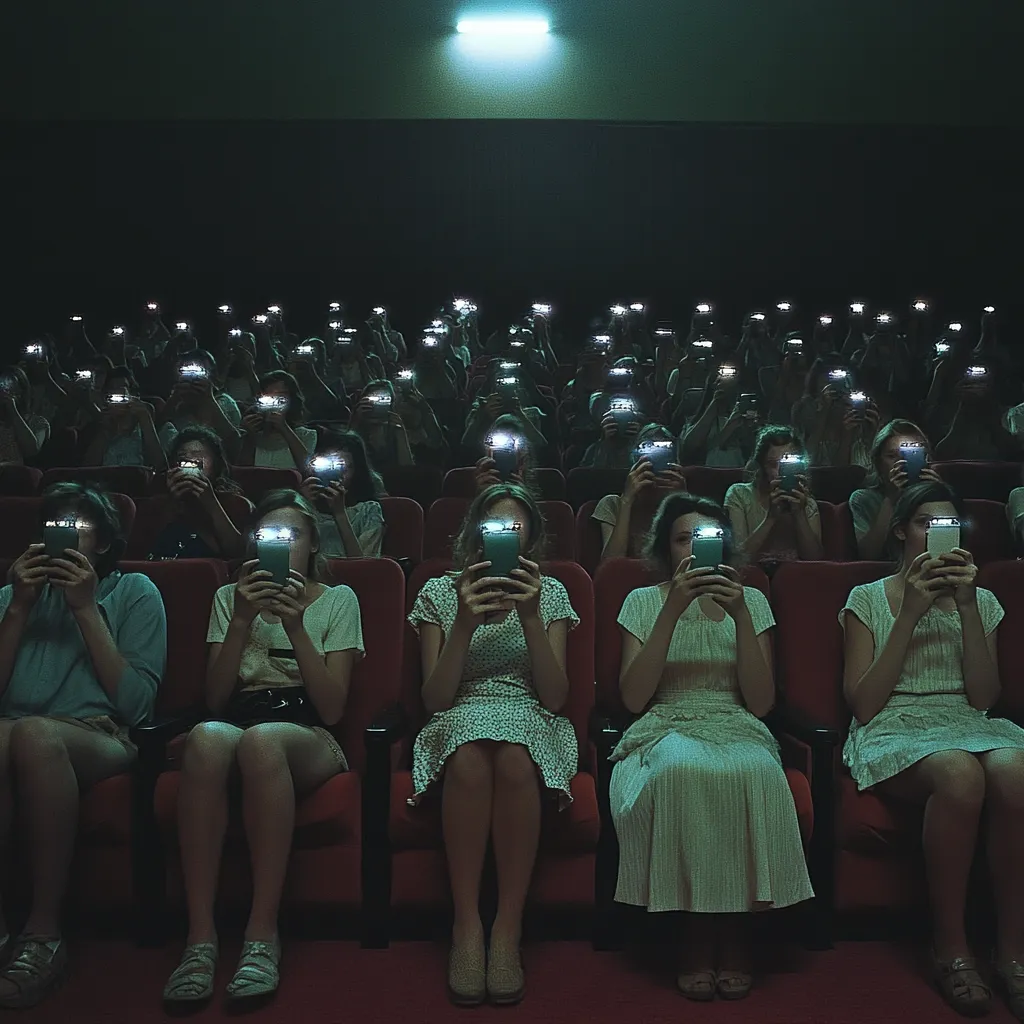 A darkened movie theater is filled with an audience engrossed in their smartphones, rather than the film.  Bright screens illuminate their faces, creating a sea of glowing rectangles.  The individuals, mostly young women, sit in red theater seats, uniformly holding their devices up to their faces.  The image contrasts the traditional movie-going experience with the modern prevalence of mobile technology.  The overall mood is quiet and slightly eerie.