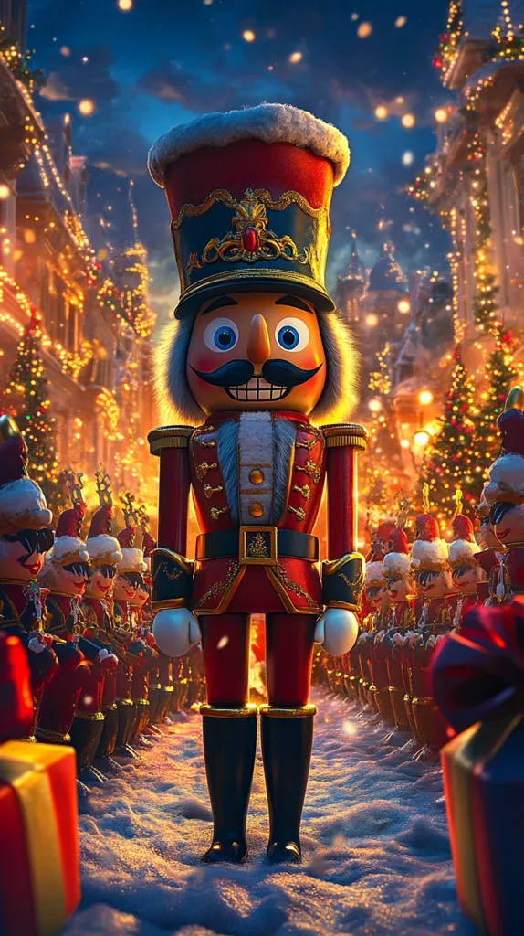 A large, highly detailed nutcracker stands in a snowy Christmas street.  He wears a red and gold uniform and a tall, furry hat.  Rows of smaller nutcrackers line up behind him, flanking a path leading to him.  The background features a charming, festively lit European-style town, complete with Christmas trees and twinkling lights.  The overall scene is magical and evocative of a classic Christmas story.