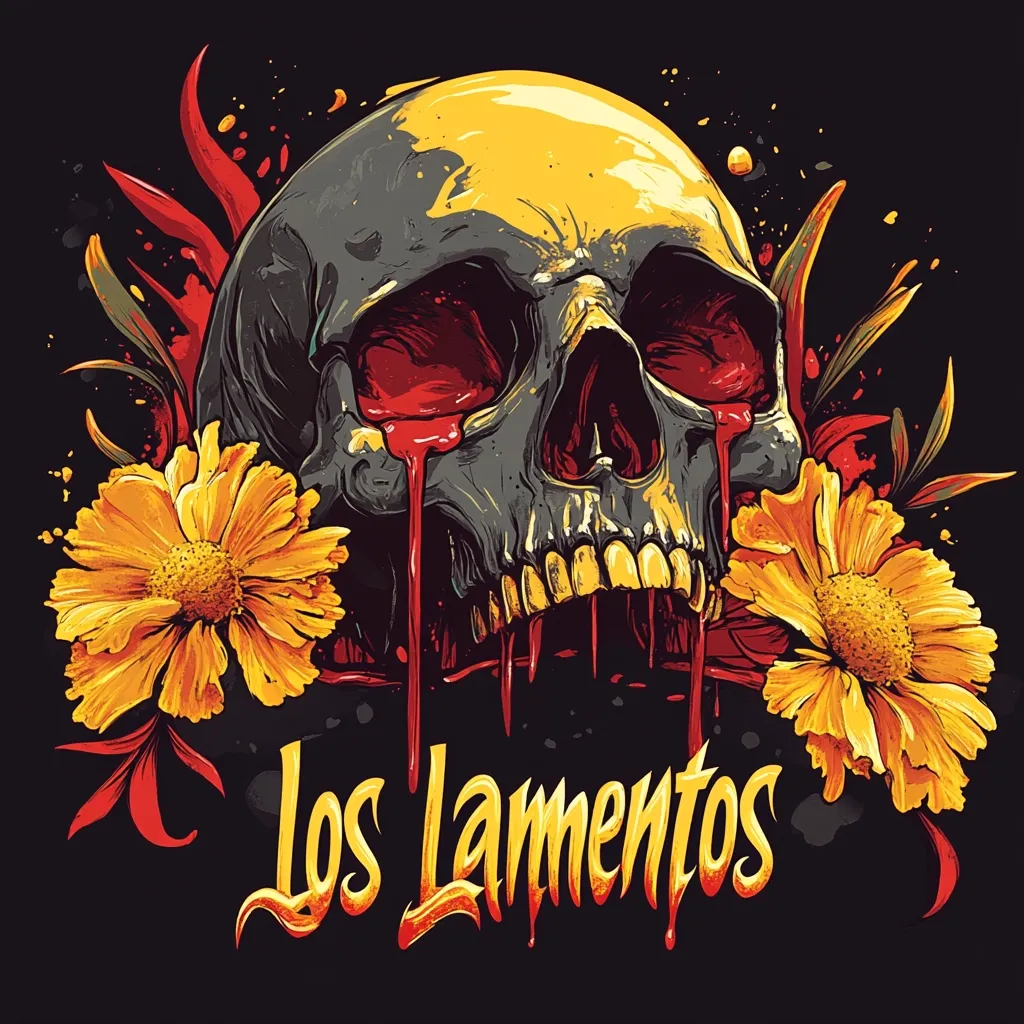 Here's a description of the image:

The artwork depicts a stylized skull, predominantly dark gray and gold, with crimson tears streaming down its face.  The skull is centrally positioned, framed by vibrant yellow flowers with orange centers, suggesting a Day of the Dead aesthetic.  Intricate, stylized red and orange flames or foliage surround the skull and flowers, adding to the dramatic effect. The words "Los Lamentos," which translates from Spanish to "The Lamentations," are written below the skull in a stylized, flowing script.  The overall style is dark, dramatic, and evocative, blending elements of skull imagery with a floral, almost celebratory, contrast.