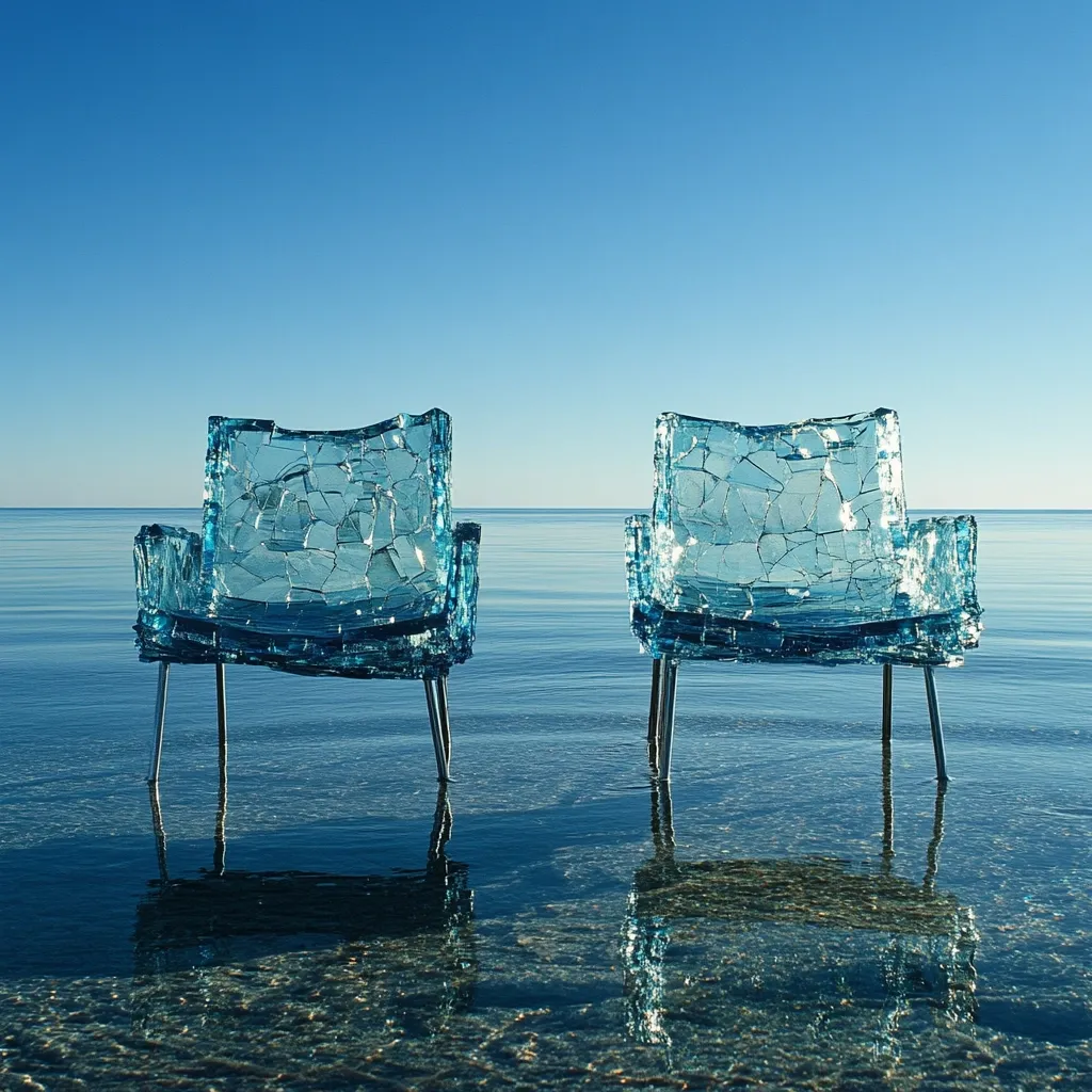 Two identical chairs, constructed from fragmented, light-blue glass, stand in shallow, clear water.  The chairs have sleek, metallic legs and are partially submerged, creating reflections on the calm water's surface.  The background features a tranquil, expansive blue sky and sea, enhancing the serene, almost surreal atmosphere of the image. The overall impression is one of fragility and beauty juxtaposed against a vast, natural setting.