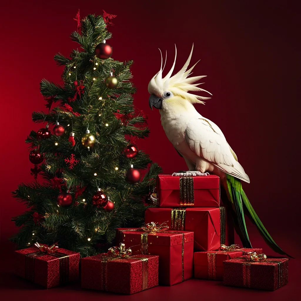 A white cockatoo perches on a stack of red Christmas presents beneath a decorated Christmas tree against a deep red backdrop. The tree is adorned with red and gold ornaments and twinkling lights.  The cockatoo, with its vibrant crest and green tail feathers, adds a unique and festive touch to the scene. The overall image is rich in color and creates a warm, holiday atmosphere.