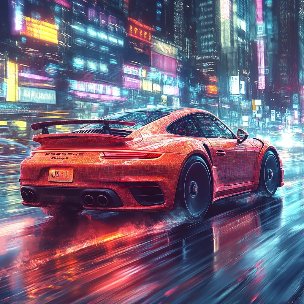 Here's a description of the image:

The image depicts a vibrant red Porsche 911 speeding through a rain-slicked, neon-lit city at night.  The car appears almost digitized, with a wireframe overlay suggesting a futuristic, possibly virtual, element.  Blurred lights and reflections create a sense of motion and speed, emphasizing the car's journey through a bustling, cyberpunk-esque urban landscape. The overall aesthetic is dynamic and stylish, blending realism with digital artistry.