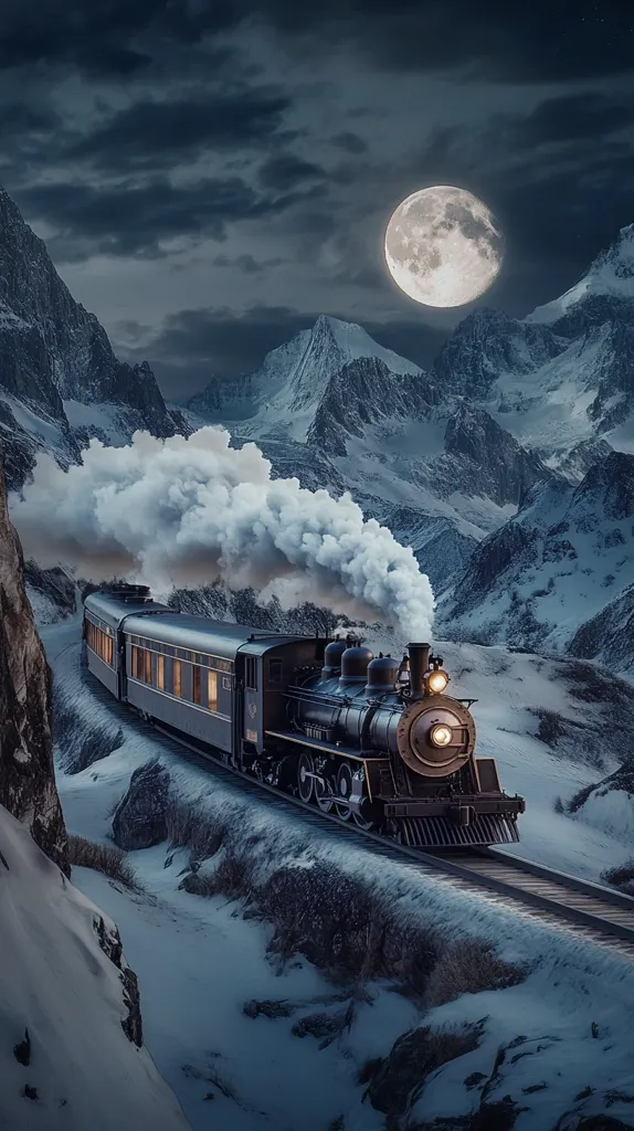 A majestic steam train chugs along a snow-covered mountain track under a large, full moon.  Plumes of white smoke billow from its smokestack against a backdrop of stark, snow-capped peaks. The scene is dramatically lit, with the moonlight illuminating the train and the surrounding landscape, creating a breathtaking, almost surreal, winter wonderland. The train appears antique, adding to the image's nostalgic and magical quality.