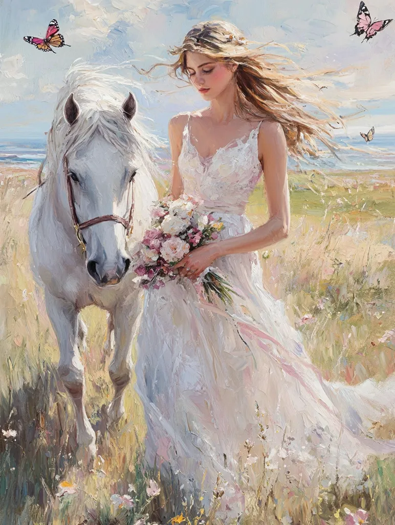 A romantic painting depicts a young woman in a flowing white dress, walking alongside a white horse in a sun-drenched field.  She holds a bouquet of pink and white flowers.  Her long, blonde hair blows gently in the breeze.  Butterflies flit around them, adding to the idyllic and dreamy atmosphere. The style is impressionistic, with visible brushstrokes creating a sense of movement and light.  The overall mood is serene and beautiful.