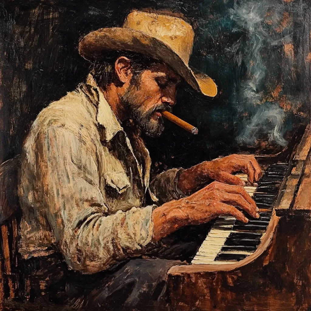 A rugged, bearded man in a straw cowboy hat sits at a piano, his hands delicately playing the keys. He’s dressed in a worn, light-colored shirt and dark trousers. A cigar rests between his lips, smoke curling around his head. The painting's dark background and impasto style emphasize the man’s contemplative expression and the rustic atmosphere. The overall impression is one of quiet intensity and melancholic beauty, suggesting a story untold.