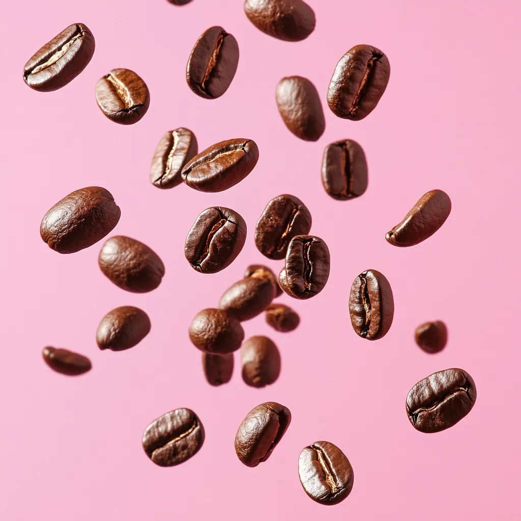Against a soft pink backdrop, numerous roasted coffee beans are captured mid-air, creating a dynamic, scattered composition.  The beans vary slightly in size and orientation, suggesting movement and a sense of energy.  The lighting accentuates their rich brown tones and subtly textured surfaces, highlighting their individual forms against the smooth background.  The overall image evokes a feeling of freshness and the aroma of freshly roasted coffee.