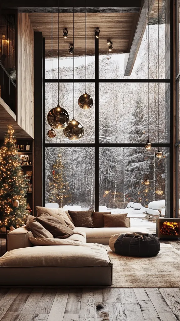 A cozy, modern living room boasts a large sectional sofa in a light beige fabric, complemented by brown throw pillows.  The room features a stunning floor-to-ceiling window showcasing a snowy winter landscape.  Multiple globe pendant lights hang from the high ceiling, adding to the warm ambiance. A decorated Christmas tree and a small, modern fireplace complete the scene, creating a serene and inviting atmosphere. The hardwood floors and wood-paneled walls contribute to the rustic-chic design.