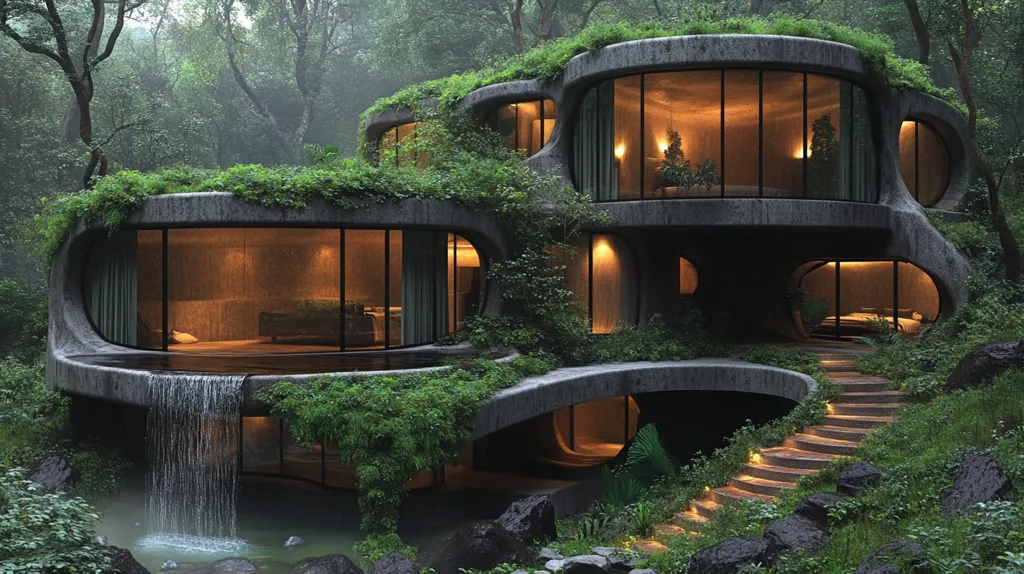 Here's a description of the image:

The image showcases a futuristic, organic home nestled within a lush, verdant forest.  The structure is composed of curving, concrete forms, partially covered in thriving greenery, seamlessly integrating with its natural surroundings. Large, circular windows offer glimpses into warmly lit interior spaces. A small waterfall cascades from the home's upper level into a pond below, adding to its serene ambiance.  Illuminated stone steps lead down from the house, further emphasizing the home's harmony with nature.  The overall effect is one of luxurious, tranquil, and environmentally conscious design.