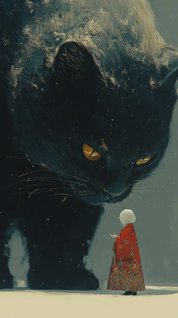 The artwork depicts a colossal black cat, rendered with impasto brushstrokes, looming over a small figure in a red, ornate robe.  The cat's intense, golden eyes dominate the piece, creating a sense of awe and potential threat.  The small figure, possibly a child or young woman, seems diminutive and vulnerable in contrast to the cat's immense size. The overall mood is one of mystery and quiet tension, possibly suggesting a fairytale or fantasy narrative. The snowy ground adds a cold, stark element to the scene.