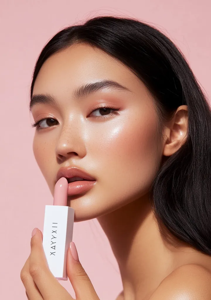 Close-up of a young woman with long, dark hair and flawless skin.  She's applying a pale pink lipstick from a minimalist white tube. The lipstick's branding is subtly visible.  The overall aesthetic is clean, modern, and minimalist, with soft lighting enhancing her features against a pale pink backdrop.  Her makeup is natural and understated, focusing on a luminous complexion.