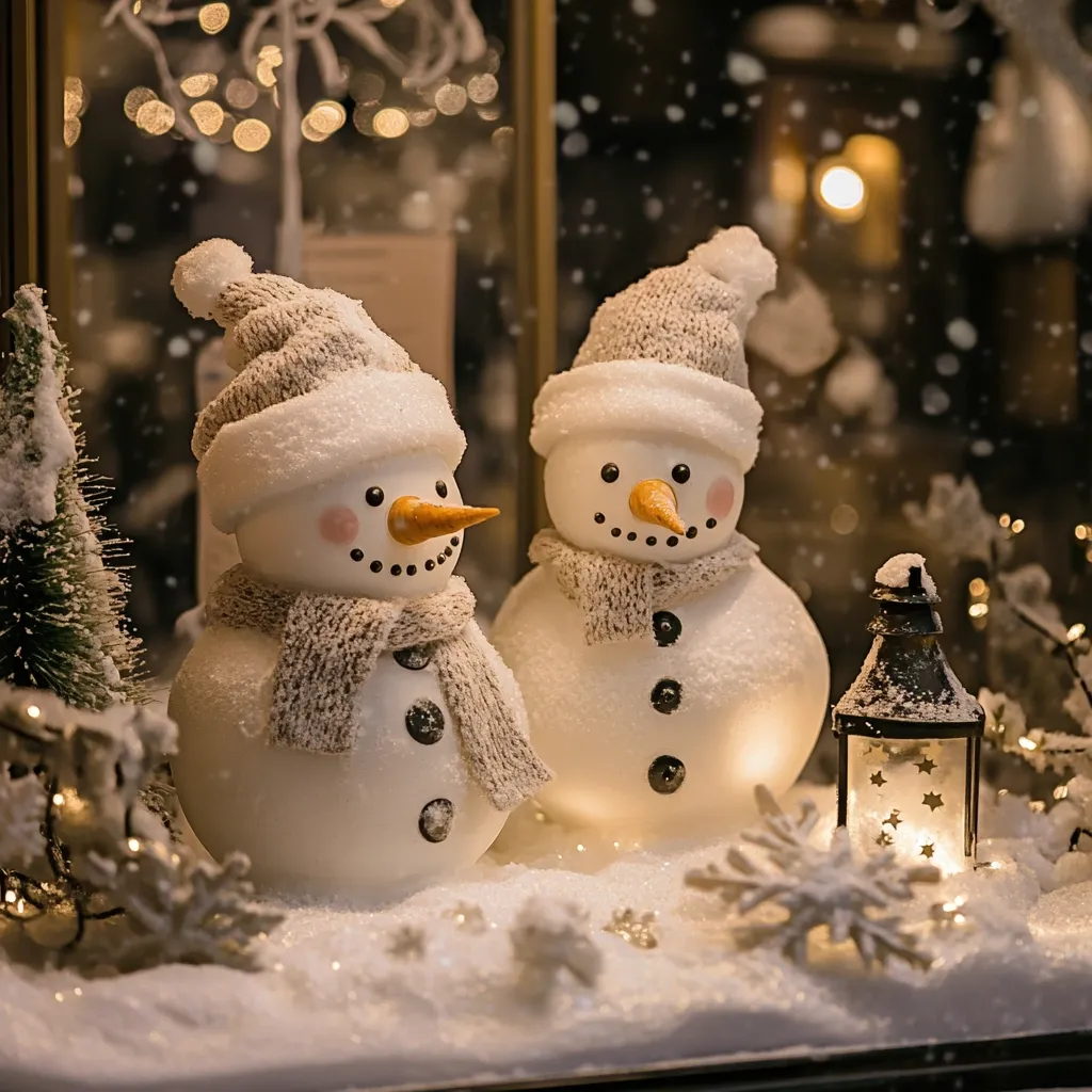 Two charming snowmen, adorned in knitted hats and scarves, are nestled in a snowy winter scene.  A soft, warm glow emanates from a nearby lantern, adding to the cozy ambiance.  The display is meticulously detailed, with faux snow dusting the figures and surrounding miniature evergreen trees.  The background suggests a softly falling snow, creating a magical, festive atmosphere, perfect for a holiday window display.