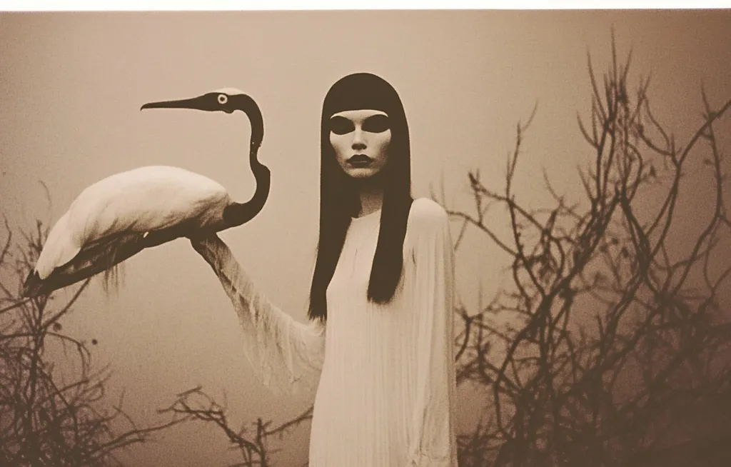 Here's a description of the image:

The sepia-toned photograph presents a woman with long, straight black hair and a white, pleated dress. She holds a large white bird, possibly a crane or ibis, with a long, black neck and beak.  The bird's pose suggests it may be resting or perched on her arm. The background is a muted landscape of bare, dark branches against a hazy sky, creating a somewhat eerie and mysterious atmosphere. The overall aesthetic is stylized and evocative, hinting at themes of nature, mystery, and perhaps even the surreal.