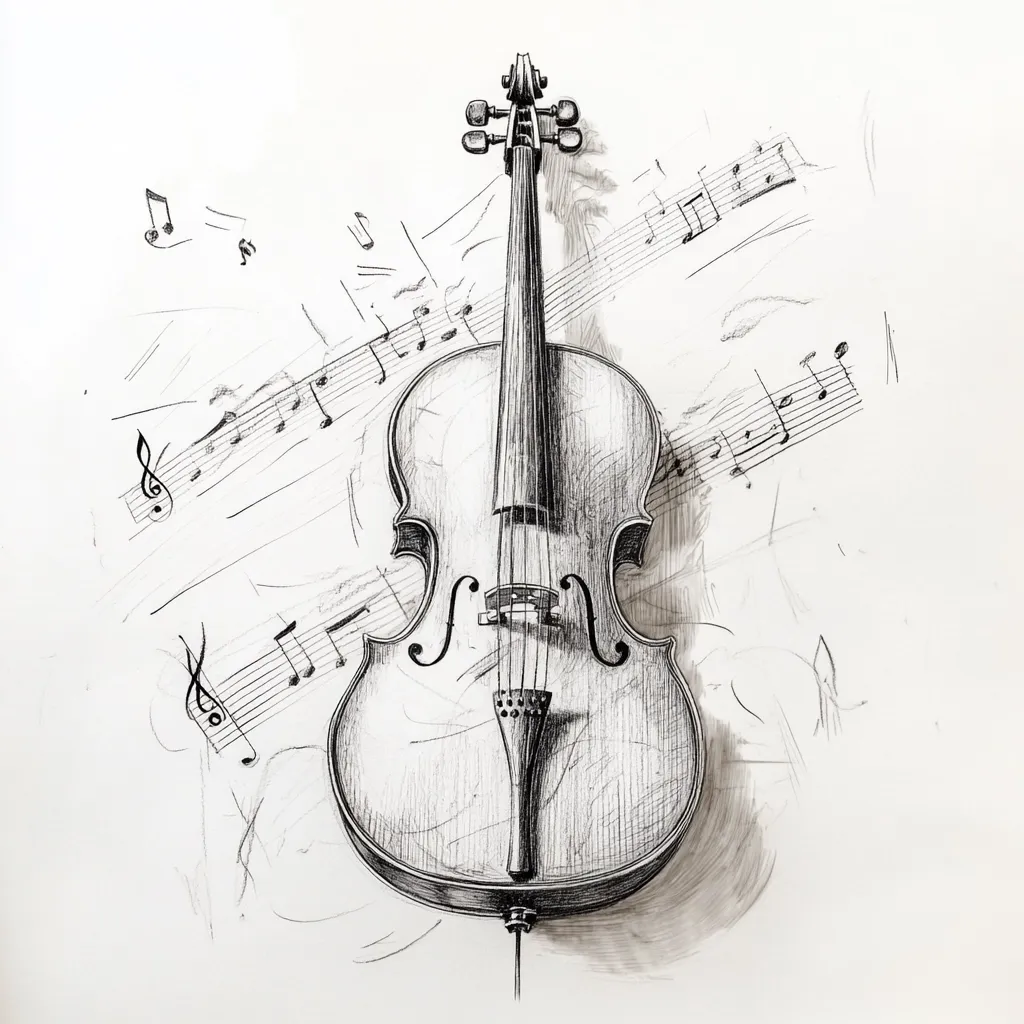 Here's a description of the image:

The image is a meticulously detailed monochrome drawing of a cello resting on a surface scattered with musical notation. The cello is rendered in a realistic style, showcasing its curves and details with shading that creates a sense of depth. The musical notes are sketched more loosely, suggesting movement and improvisation. The contrast between the precise cello and the flowing music notes creates a visually appealing composition that evokes a sense of musicality and artistry. The overall style is reminiscent of a classical art drawing.