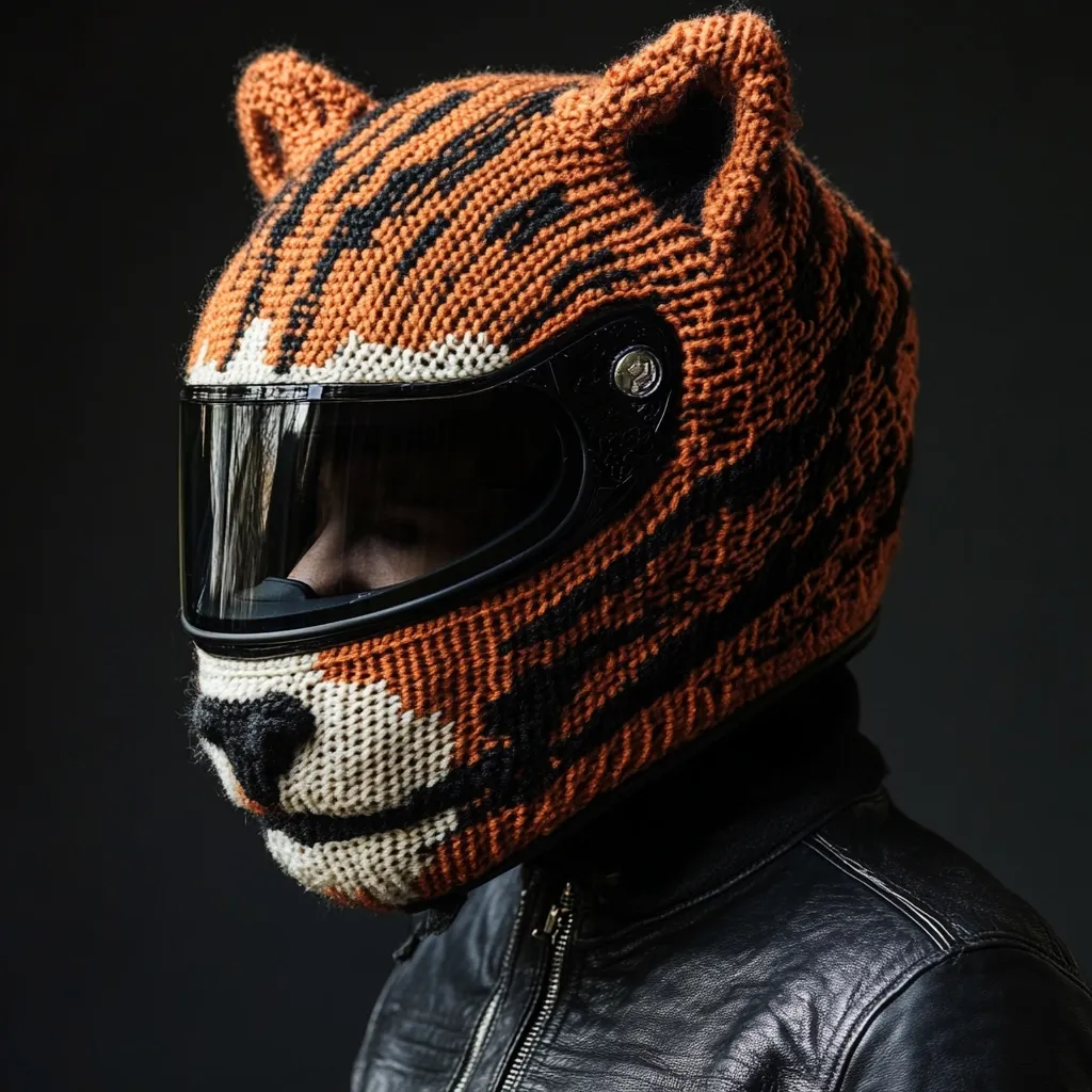 Here's a description of the image:

Close-up view of a person wearing a motorcycle helmet covered in a hand-knitted tiger-striped cover. The cover is intricately detailed, featuring tiger ears protruding from the top and a tiger-like snout on the chin guard. The helmet itself is black with a clear visor, partially obscuring the rider's face. The rider is wearing a black leather jacket. The background is a dark, blurred, neutral tone, focusing attention on the unique helmet. The overall impression is one of quirky, handmade style mixed with protective motorcycle gear.