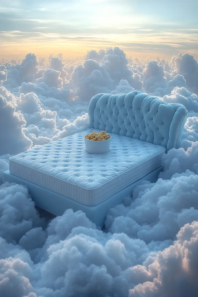 Here's a description of the image:

A light blue, tufted bed floats serenely amidst a sea of fluffy white clouds under a soft, pastel sunset sky.  A bowl of popcorn sits on the mattress, adding a touch of whimsical comfort. The scene evokes a dreamlike, peaceful atmosphere, suggesting ultimate relaxation and escape. The bed's luxurious appearance contrasts beautifully with the ethereal, natural setting of the clouds. The overall effect is one of serene beauty and tranquility.