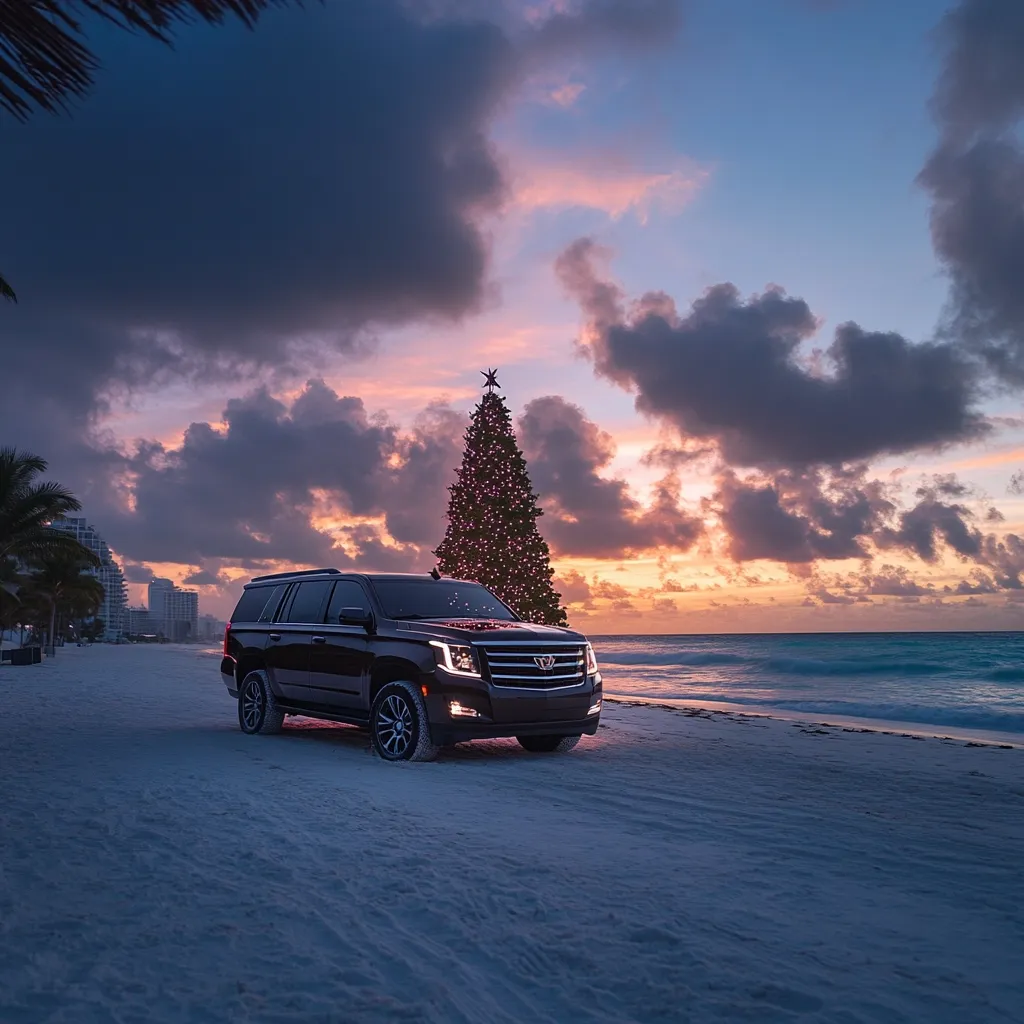 A dark-colored SUV sits on a white sandy beach at sunset, next to a decorated Christmas tree.  The sky is a dramatic blend of deep purples, oranges, and soft pinks, with fluffy clouds.  The ocean stretches to the horizon, its turquoise waves gently lapping the shore.  Palm trees and distant buildings are visible in the background, creating a unique tropical Christmas scene. The overall mood is serene and festive.