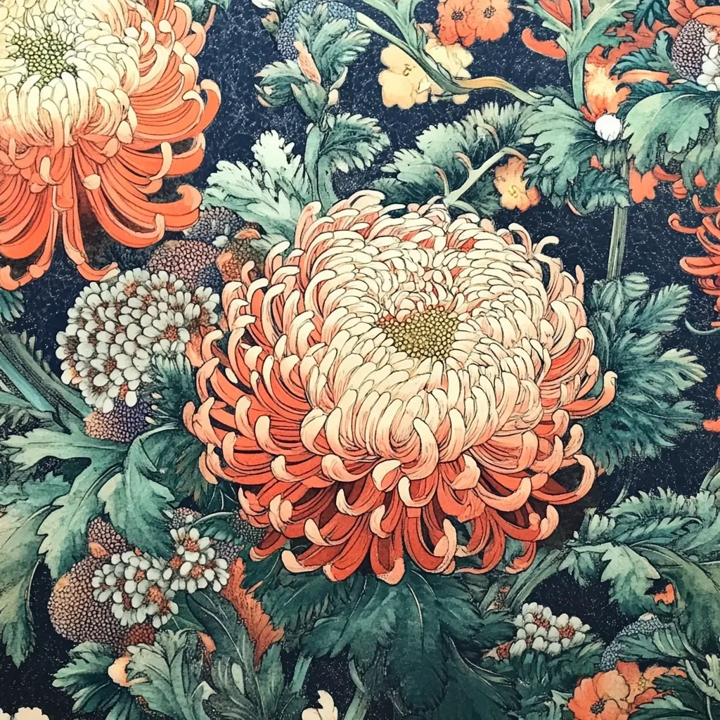 A detailed close-up reveals a vibrant floral arrangement, possibly a print or painting.  Two prominent chrysanthemums dominate the foreground, one a rich orange-red, the other a creamy off-white with orange tips.  Smaller, delicate flowers and lush green foliage fill the background, creating a dense, textured composition.  The color palette is deep and jewel-toned, with dark greens and blues contrasting with the bright blossoms. The overall style suggests a botanical illustration or Art Nouveau-inspired artwork.
