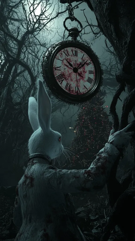 A blood-splattered white rabbit, in a tattered coat, stands in a dark, ominous forest.  A large, antique pocket watch, also stained with blood, hangs from a tree branch above it.  A dimly lit, possibly Christmas tree is visible in the background. The overall atmosphere is dark, foreboding, and suggestive of a macabre fairytale or horror scene. The scene is stylized, likely digital art.