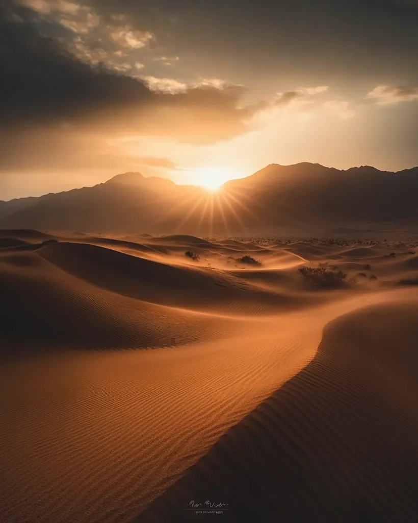 Here is a description of the image:

A breathtaking sunset casts a warm golden glow over a vast, undulating desert landscape.  Silhouetted mountains rise in the distance, framing the radiant sun.  The sand dunes, sculpted by wind, display a textured surface with long, flowing lines. A sense of tranquility and immense scale permeates the scene, emphasizing the beauty of the natural world.  The overall color palette is rich and earthy, dominated by warm oranges and browns.