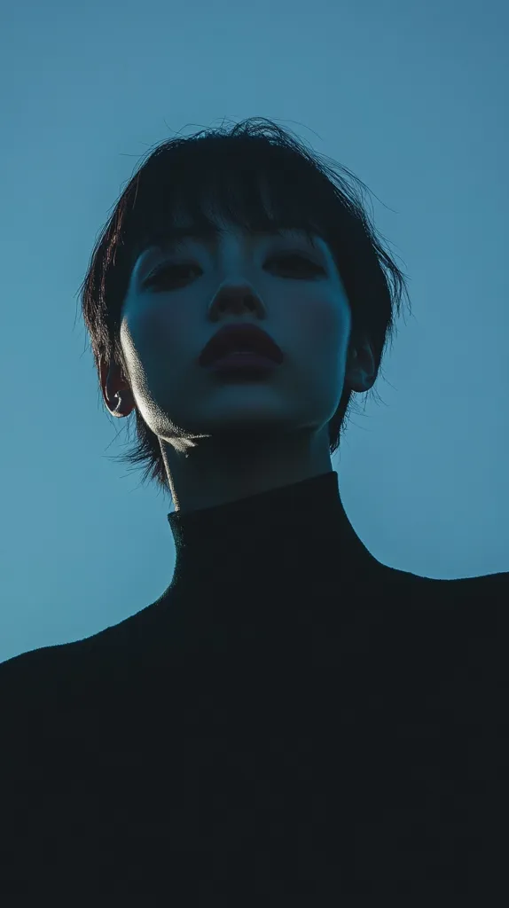 Here is a description of the image:

The image is a close-up portrait of a young woman with short, dark hair, styled in a bob with bangs. She is wearing a high-necked, black turtleneck sweater.  Her face is mostly in shadow, illuminated only by a light source from above and behind, casting a dramatic, almost silhouetted effect against a clear, teal sky. The woman's gaze is directed upwards toward the viewer, her expression serene yet intense. The overall mood is moody and contemplative, with a strong emphasis on contrast between light and shadow.