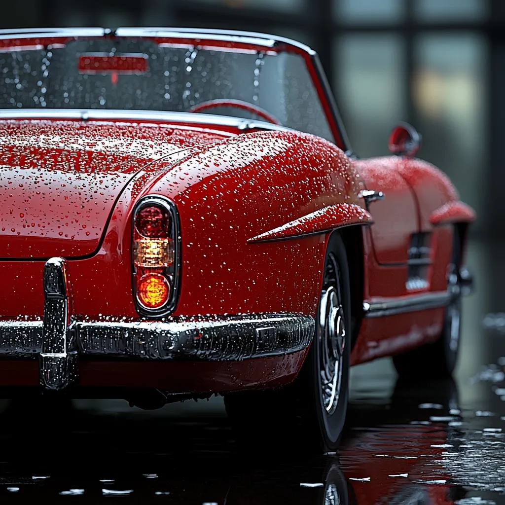 Here's a description of the image:

The image showcases the rear of a classic red convertible, seemingly a Mercedes-Benz 300 SL, glistening with raindrops. The car's paint is a deep, rich red, highlighted by the water droplets clinging to its curves. The chrome details, including the bumper and trim, contrast sharply against the red. The background is blurred, suggesting a city setting, possibly after a rain shower. The reflection of the car is visible on the wet pavement, enhancing the overall mood of sleekness and sophistication.  The focus is primarily on the car's rear end, emphasizing its design and the impact of the rain.