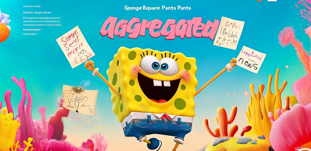 This is promotional artwork for a SpongeBob SquarePants project titled "Aggregated".  SpongeBob, rendered in a stylized 3D animation style, joyfully holds up several notes, some with seemingly random scribbles and others with the words "Sponge Same" and "Aggregated News".  He's surrounded by vibrant, cartoonish coral in a bright turquoise underwater setting.  The overall aesthetic is playful and colorful, typical of the SpongeBob franchise.