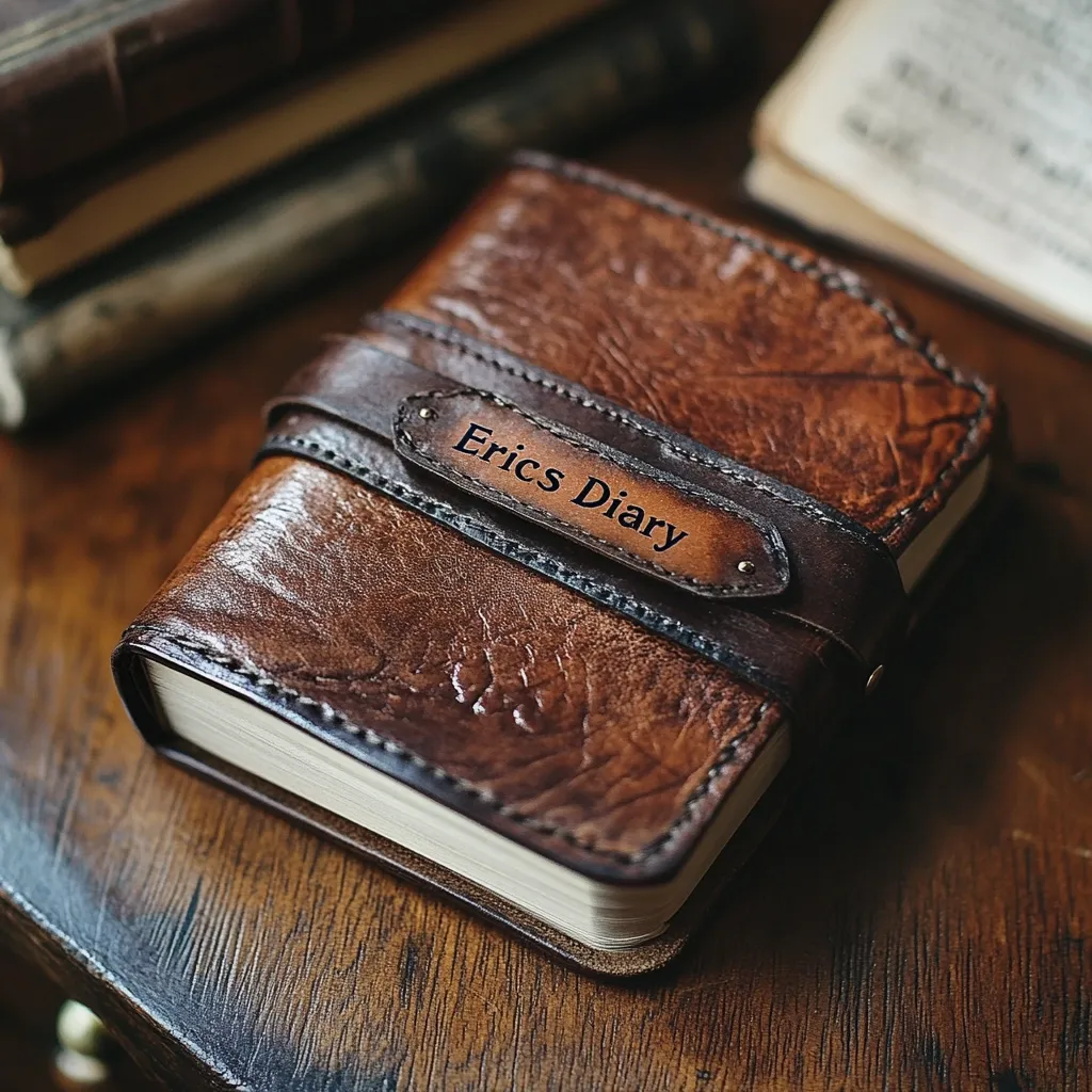 A handcrafted brown leather diary rests on a dark wooden surface.  The diary features a tooled leather cover with an embossed, personalized leather strap that reads "Erics Diary."  The rich, textured leather suggests age and quality, and the overall aesthetic evokes a sense of history and personal journaling.  Other aged books are visible in the blurred background, further enhancing the antique feel.