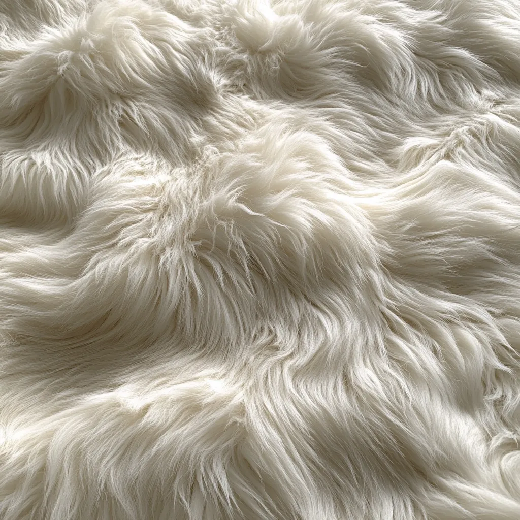 The image shows a close-up view of a luxuriously soft, off-white faux fur.  The fibers are long and fluffy, creating a plush texture with gentle waves and undulations across the surface.  The light catches the individual strands, highlighting their softness and creating a subtle depth.  The overall impression is one of warmth, comfort, and tactile appeal.