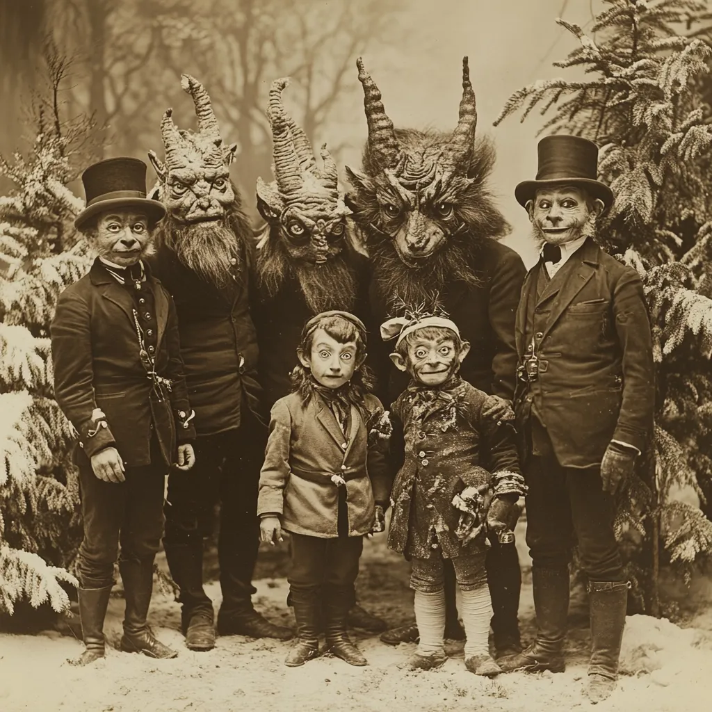 Here's a description of the image:

A sepia-toned photograph depicts a group posing outdoors in a snowy setting.  Flanking a central pair of small children dressed in period clothing are three adults wearing grotesque, horned devil masks, and another adult in a top hat and monkey-like mask. The adults in devil masks appear imposing, while the children seem slightly apprehensive. The scene evokes a theatrical or possibly festive setting, hinting at a unique cultural tradition or performance. The overall mood is somewhat unsettling yet intriguing, with the contrast between the monstrous figures and the children creating a captivating juxtaposition.  The background features snow-covered evergreen trees.
