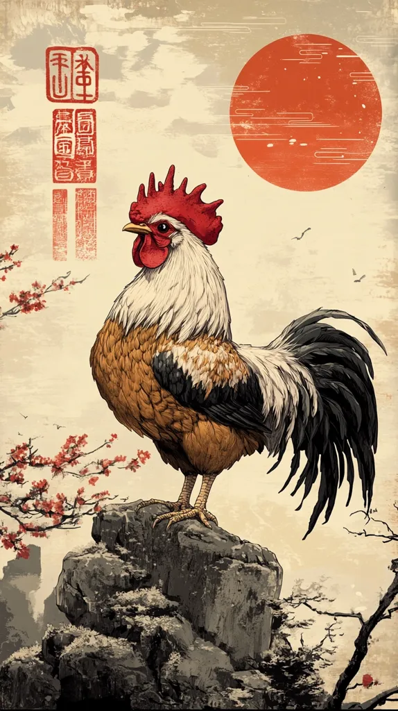 A majestic rooster, rendered in a style reminiscent of Japanese woodblock prints, stands proudly atop a rocky outcrop. Its plumage is a mix of browns, whites, and blacks, detailed with meticulous precision.  A large, stylized red sun dominates the background, while delicate cherry blossoms frame the scene.  Vertical Chinese characters are prominently displayed to the left, adding to the artwork's Eastern aesthetic.  The overall effect is one of serene strength and cultural richness.