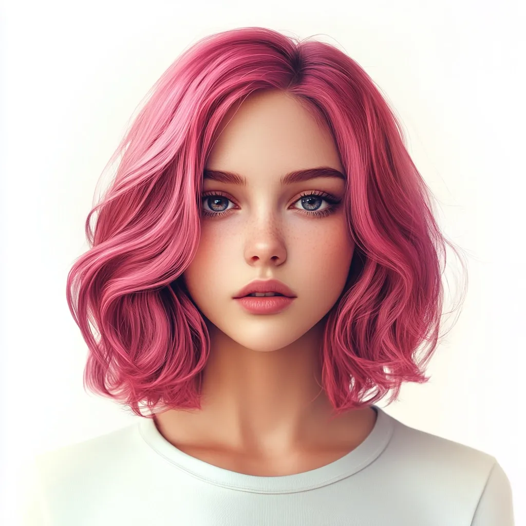 Here's a description of the image:

The image showcases a digitally rendered portrait of a young woman with vibrant, pink, shoulder-length hair styled in soft, wavy curls.  Her face is delicately featured, with light skin, subtle freckles, and light blue eyes.  She has a calm, neutral expression, and her lips are softly closed. She's wearing a simple, light-colored, crew-neck top. The overall style is clean, bright, and aesthetically pleasing, suggesting a fashion or beauty-related context. The background is a plain white, keeping the focus solely on the subject.