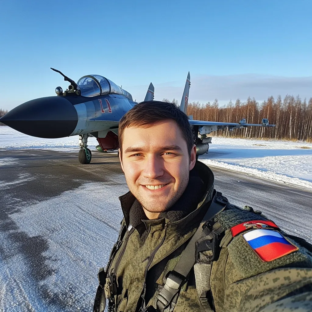 A young man in a Russian military flight suit takes a selfie in front of a Sukhoi Su-35 fighter jet.  The jet is parked on a snowy tarmac under a clear blue sky, with a sparse, wintry forest in the background. The man smiles directly at the camera, displaying a Russian flag patch on his uniform. The overall impression is one of pride and professionalism within the Russian Air Force.