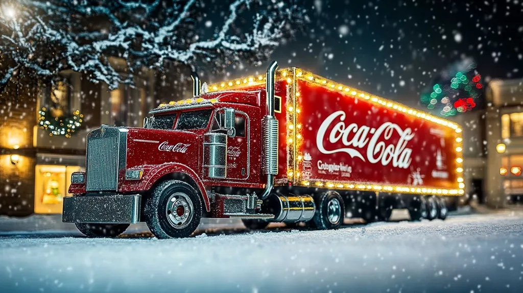 A red Coca-Cola semi-truck, adorned with Christmas lights, sits in a snowy town square.  Snow falls softly, blanketing the truck and the surrounding buildings.  The truck's trailer displays the Coca-Cola logo prominently.  Warm, golden lights from nearby buildings and festive decorations create a cozy, winter wonderland scene, evoking the spirit of the holiday season.  The overall image is sharp and highly detailed, emphasizing the festive atmosphere.
