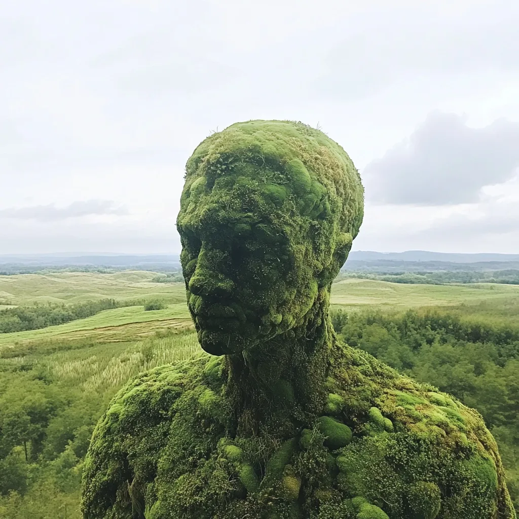 Here's a description of the image:

The photograph showcases a striking outdoor sculpture of a human torso and head, entirely covered in vibrant green moss. The moss creates a textured, almost organic, skin-like appearance. The sculpture is positioned overlooking a rolling landscape of verdant hills and forests under a slightly overcast sky. The contrast between the moss-covered figure and the expansive natural background creates a powerful and surreal image that blends art and nature seamlessly. The sculpture's weathered look suggests age and integration with its environment.