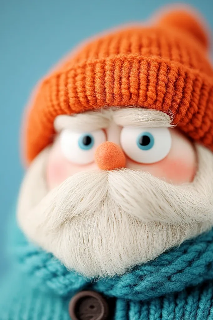 Close-up view of a whimsical, handcrafted figure resembling a friendly old man. He wears a knitted orange beanie and a teal cable-knit scarf.  His face is subtly expressive, with large, bright blue eyes and a fluffy white beard.  The texture of the knitted garments and the soft features create a charming, almost cartoonish, aesthetic. The overall impression is one of warmth and gentle character.