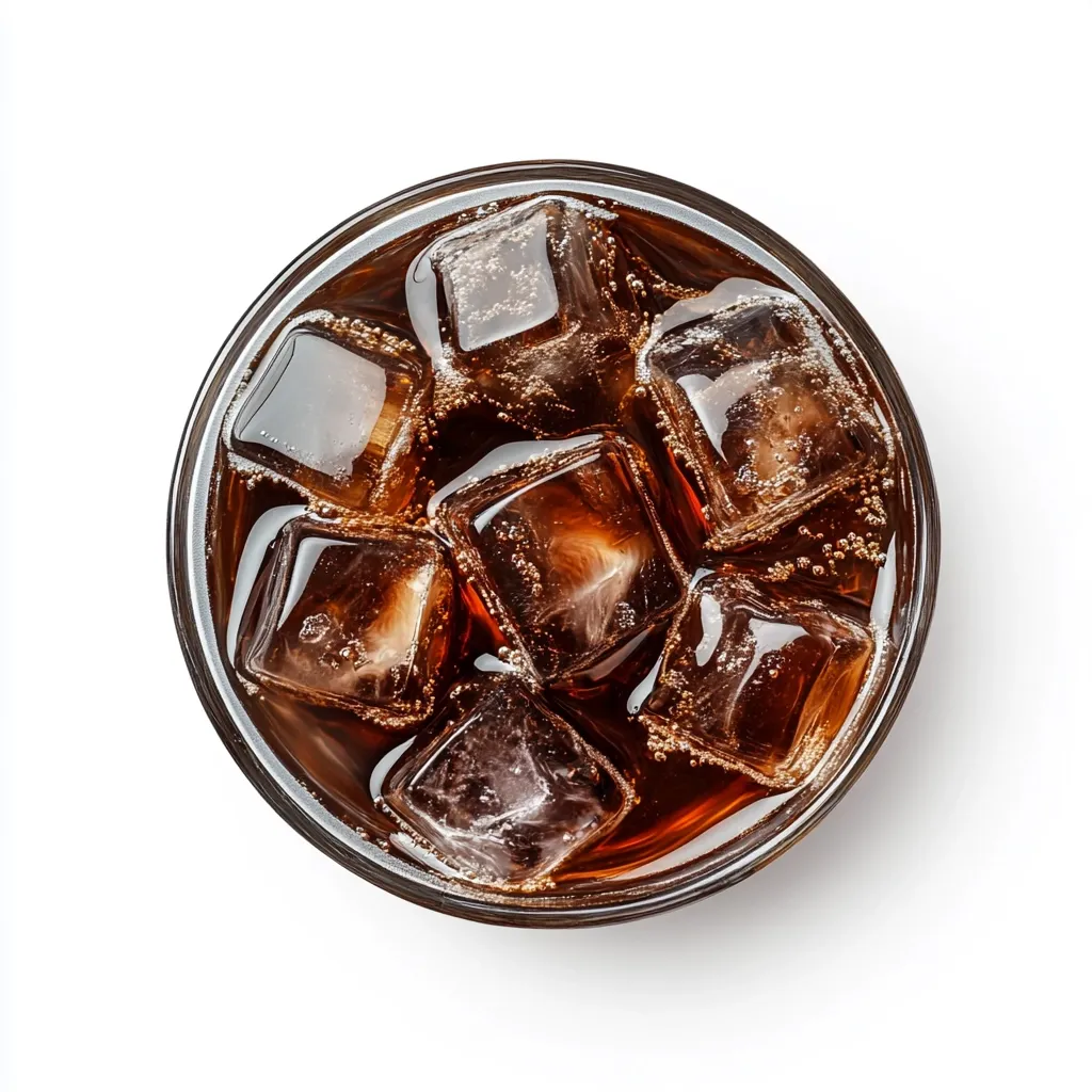 Here's a description of the image:

An overhead close-up shot shows a round glass filled with a dark brown, carbonated beverage, such as cola.  Several ice cubes are submerged within the drink, with visible carbonation bubbles clinging to them and rising to the surface. The glass is clear, allowing for a complete view of the contents. The background is plain white, making the glass and its contents the central focus of the image. The overall impression is one of refreshment and a simple, classic beverage.