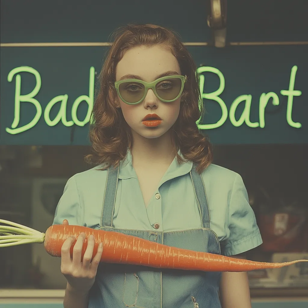 A young woman with 1950s-style hair and light green cat-eye glasses stands before a neon sign that reads "Bad Bart".  She's wearing a pale blue shirt over denim overalls and holds a large, vibrant orange carrot across her body. Her expression is serious and slightly defiant. The overall tone of the image is vintage and slightly surreal.