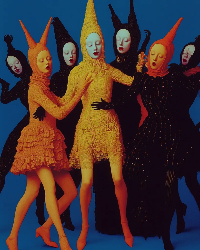 A vibrant photograph showcases five figures in elaborate, stylized costumes against a bold blue backdrop.  The figures wear pointed, conical headpieces in shades of orange and yellow, paired with ruffled, layered dresses in coordinating colors. Their makeup is stark and theatrical.  Two figures in black costumes with gold accents flank a central figure in yellow, creating a dynamic composition of color and form.  The overall aesthetic is surreal and theatrical, possibly from a fashion shoot or performance art piece.