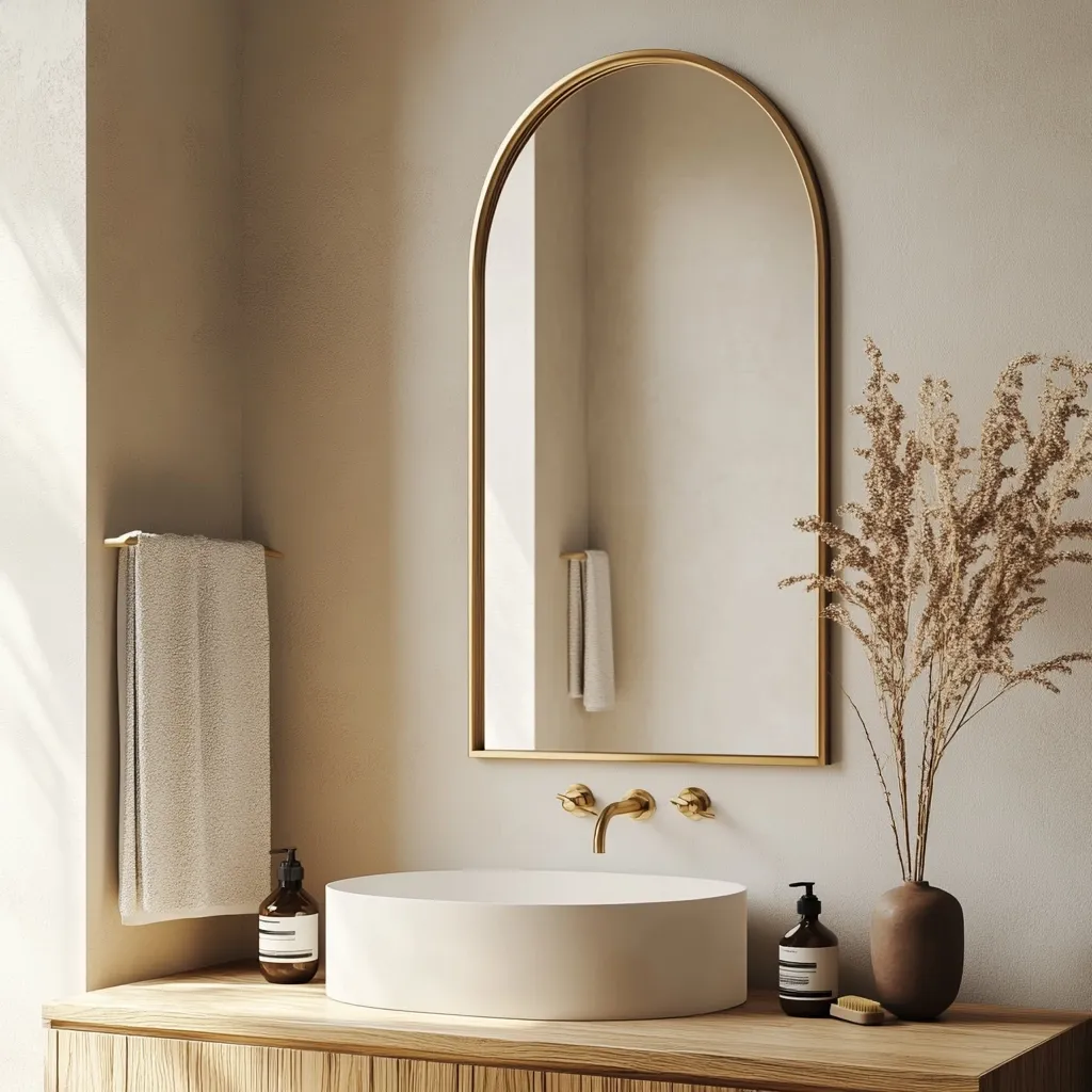 A minimalist bathroom features a light beige wall, a blonde wood vanity, and a gold arched mirror. A round white sink sits on the vanity, flanked by gold faucets. A beige towel hangs on a gold rack, and dried flowers in a terracotta vase add a natural touch. The overall aesthetic is clean, serene, and subtly luxurious. Sunlight streams in from a window, illuminating the space.