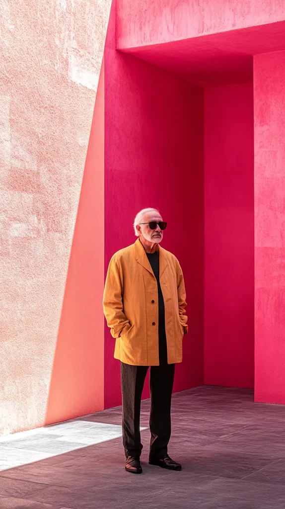 An older man with gray hair and sunglasses stands in a vibrant pink architectural space. He wears a mustard-yellow coat over dark trousers and black shoes. The background features contrasting textured walls—one light pink, the other a deeper, more saturated pink.  The scene is sharply lit, with sunlight casting a shadow, highlighting the man against the bold colors. The overall impression is one of modern architecture and striking visual contrast.