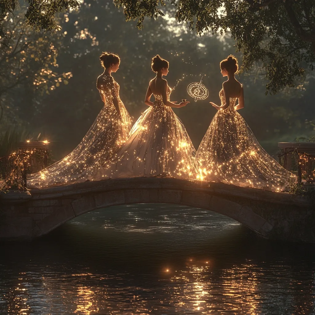 Three women in shimmering, gold gowns stand on a stone bridge over a dark, still pond.  Their dresses appear to be encrusted with countless tiny lights, creating a magical, ethereal effect.  One woman in the center exchanges a small, glowing object with the women on either side.  The scene is set in a twilight forest, enhancing the mystical ambiance. The overall impression is one of fairytale enchantment and otherworldly beauty.