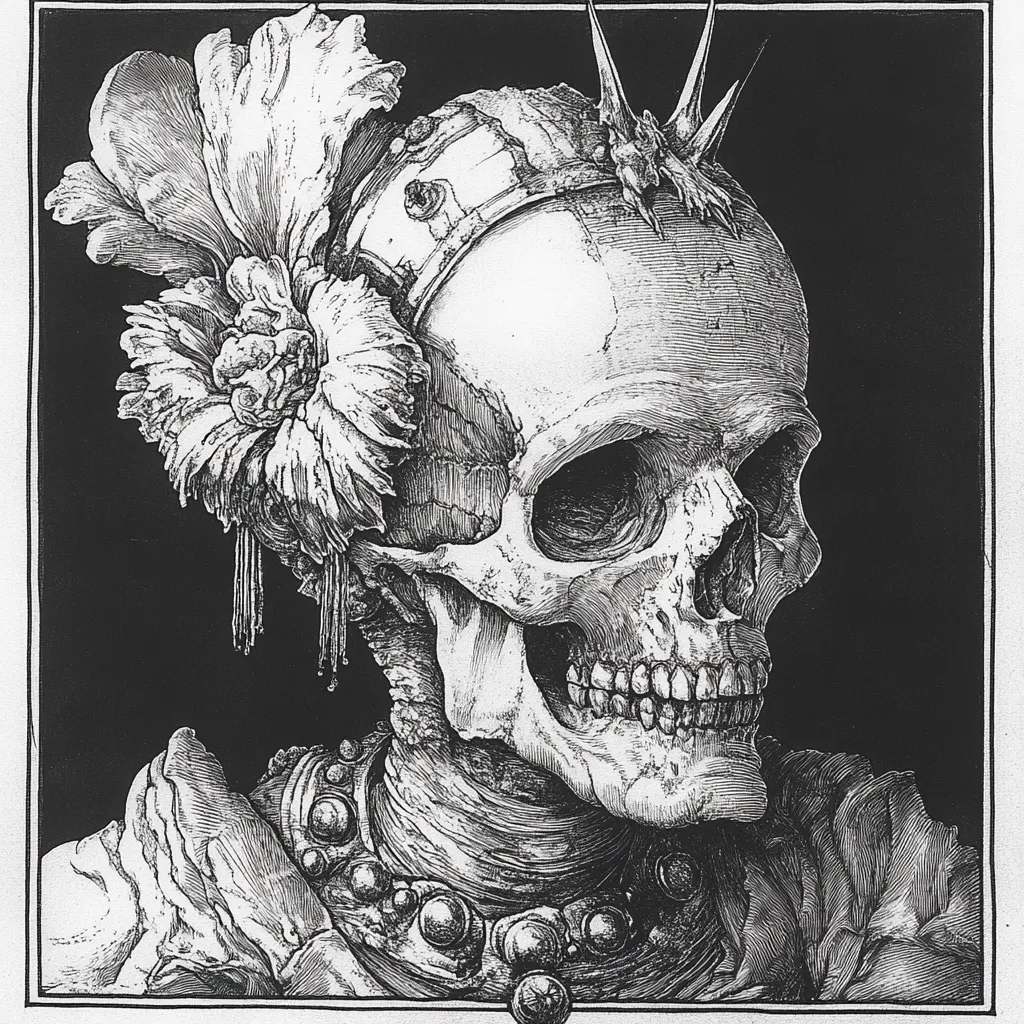 The image is a monochrome, highly detailed pen-and-ink drawing of a skull.  The skull is depicted as a woman, adorned with an elaborate headdress featuring a large flower and a spiked crown.  She wears a necklace of round beads. The style is reminiscent of  15th- or 16th-century engravings, with a focus on anatomical precision and intricate detailing, contrasted against a stark black background. The overall effect is both beautiful and unsettling, evoking themes of mortality and vanitas.