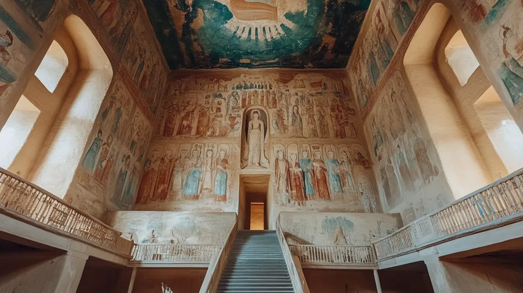The image shows the interior of a historic building, possibly a church or monastery, adorned with extensive wall murals.  The murals depict numerous figures, seemingly religious in nature, in various poses and attire, with a central, larger figure standing prominently.  The walls are light-colored, contrasting with the richly colored frescoes.  A grand staircase leads towards the center of the mural, creating a strong focal point within the space. The architecture features high ceilings and elegant balconies, suggesting a significant historical and cultural importance. The overall feeling is one of reverence and historical significance.