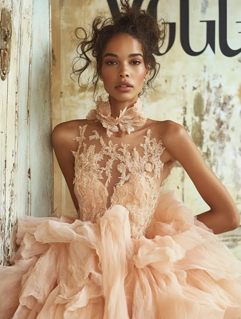 A young woman with dark, curly hair styled in a high bun, wears a peach-colored tulle gown.  The dress features a fitted bodice of delicate lace appliqués over a sheer layer, culminating in a high neckline.  The voluminous skirt is composed of layers of ruffled tulle. She stands against a backdrop of a weathered, painted surface with a partially visible Vogue logo.  Her makeup is natural and enhances her features. The overall aesthetic is romantic and ethereal.
