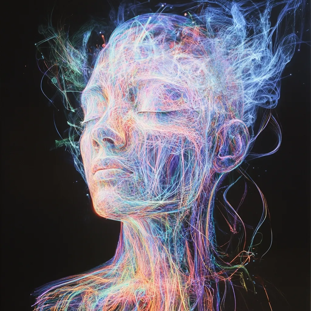 The image is an abstract digital artwork depicting a serene female face and neck.  It's constructed from interwoven, luminous strands of light in various pastel colors, creating a ethereal and almost spectral effect. The strands appear to flow and swirl, particularly around the head, suggesting energy or thought.  The face is calm, eyes closed, conveying a sense of peace and introspection against a stark black background. The overall impression is one of dreamlike beauty and subtle power.